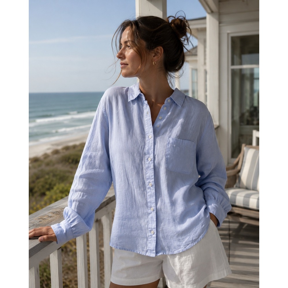 LL Bean Button Down Women L Petite Blue 100% Linen Long Sleeve Pocket 276142
